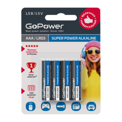 GoPower Батарейка LR03 AAA BL4 Alkaline 1.5V, мизинчиковая (4 шт)